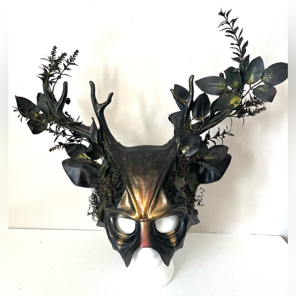 Hand Crafted Accessories - Hand Crafted Forest Deer Antler Halloween Mask Black Gold Hand Painted Moss Fern